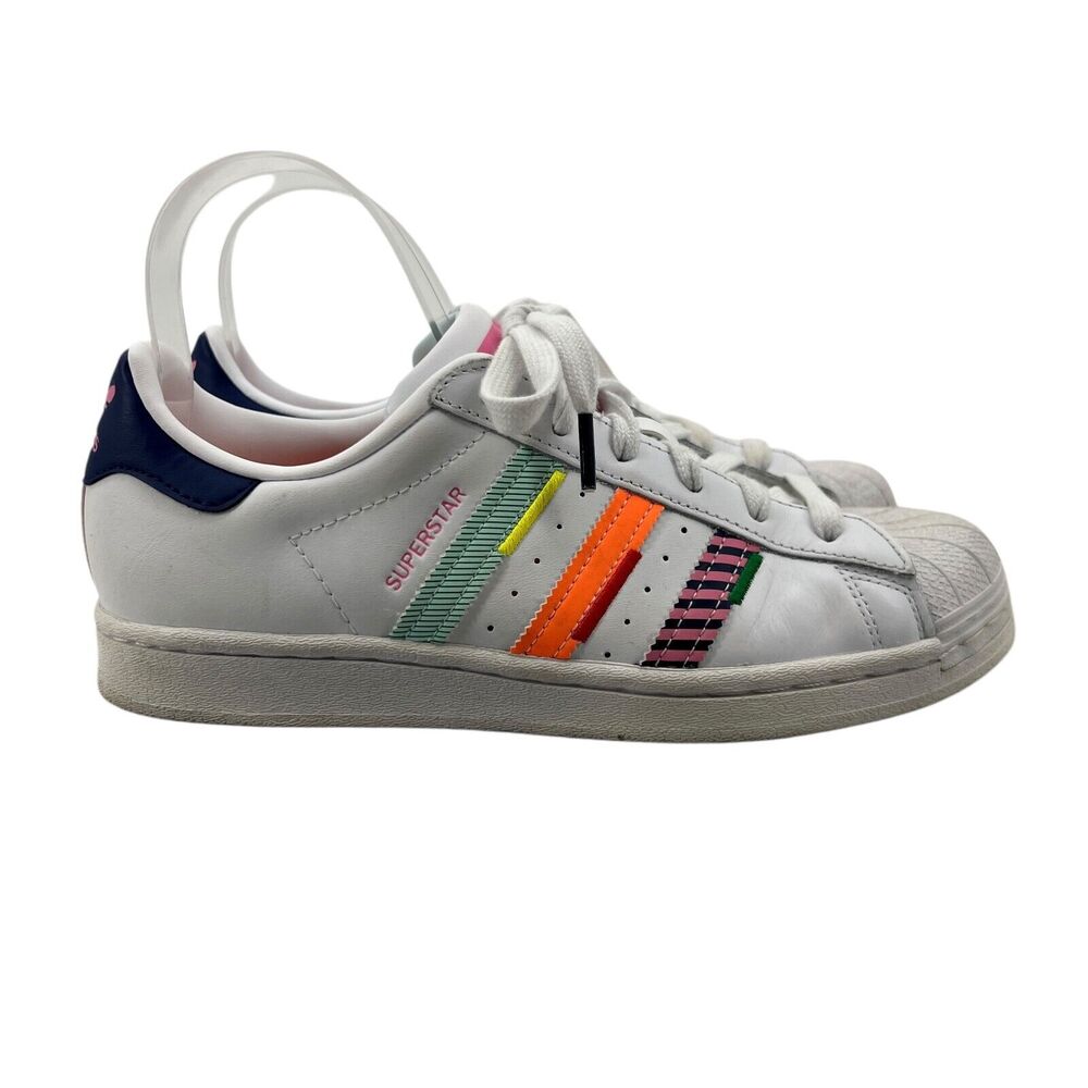 Adidas Mens 7.5 Superstar Shoe White Leather Multi Jagged Shell Toe Sneaker